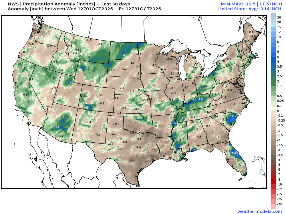 Precip 30d anom conus 2025103112
